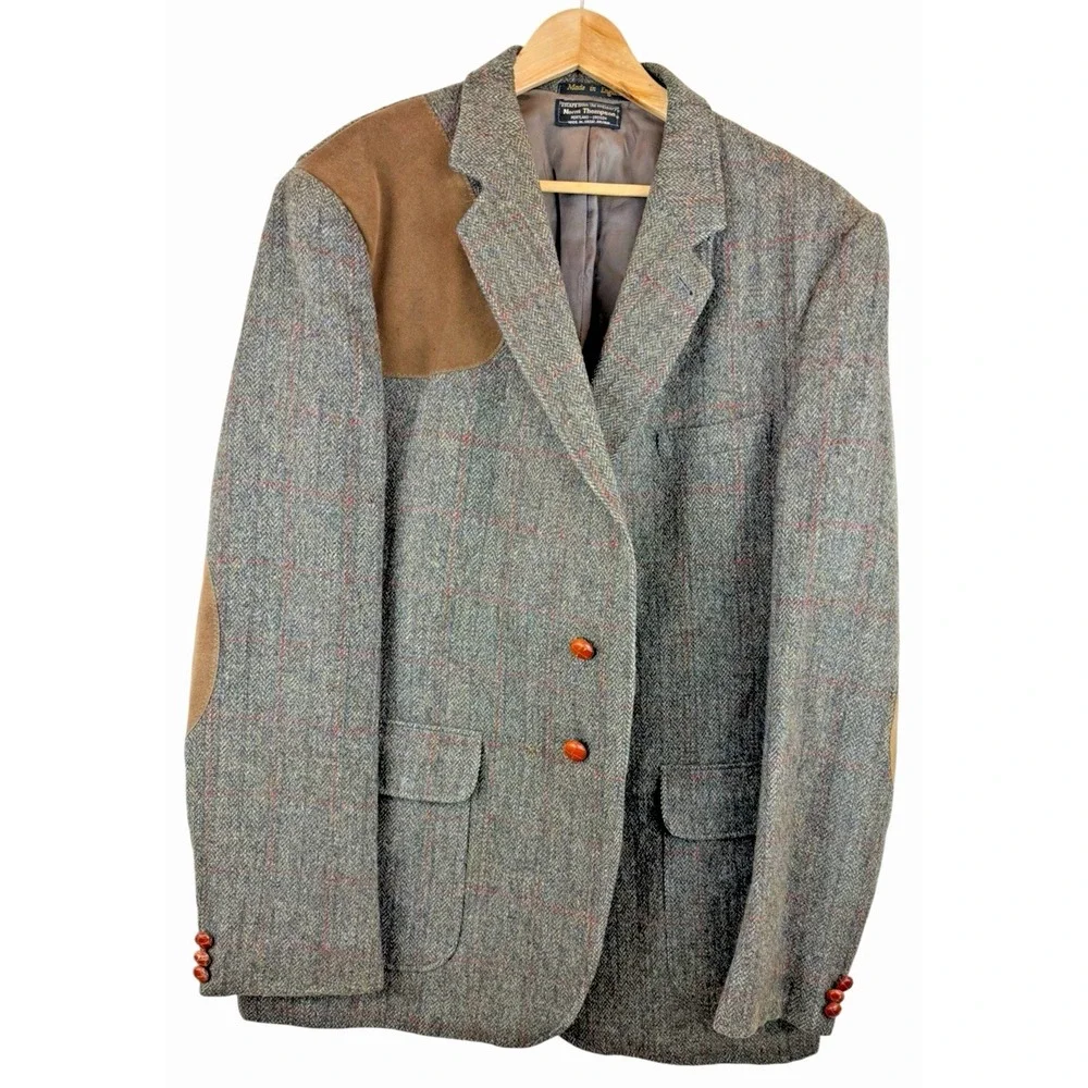 Norm Thompson‎ Tweed Shooting Blazer 48R Brown Herringbone Wool Elbow Patch VTG